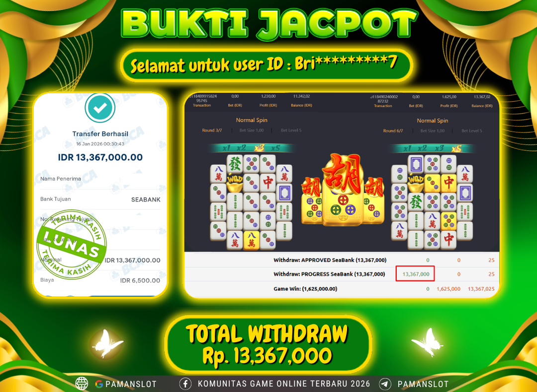 PAMANSLOT JACKPOT Game PG - Mahjong Ways Rp.13,367,000- LUNAS