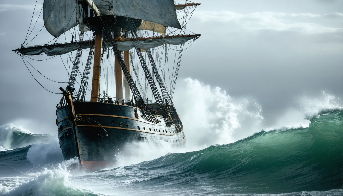 A wooden warship heeling in heavy grey seas under a low overcast sky, spray breaking across the deck.