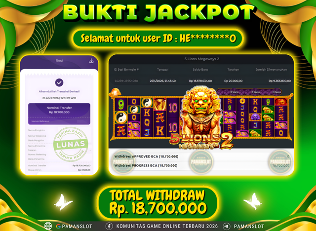 Selamat kepada Member PAMANSLOT Game 5 Lions Megaways : HE********0