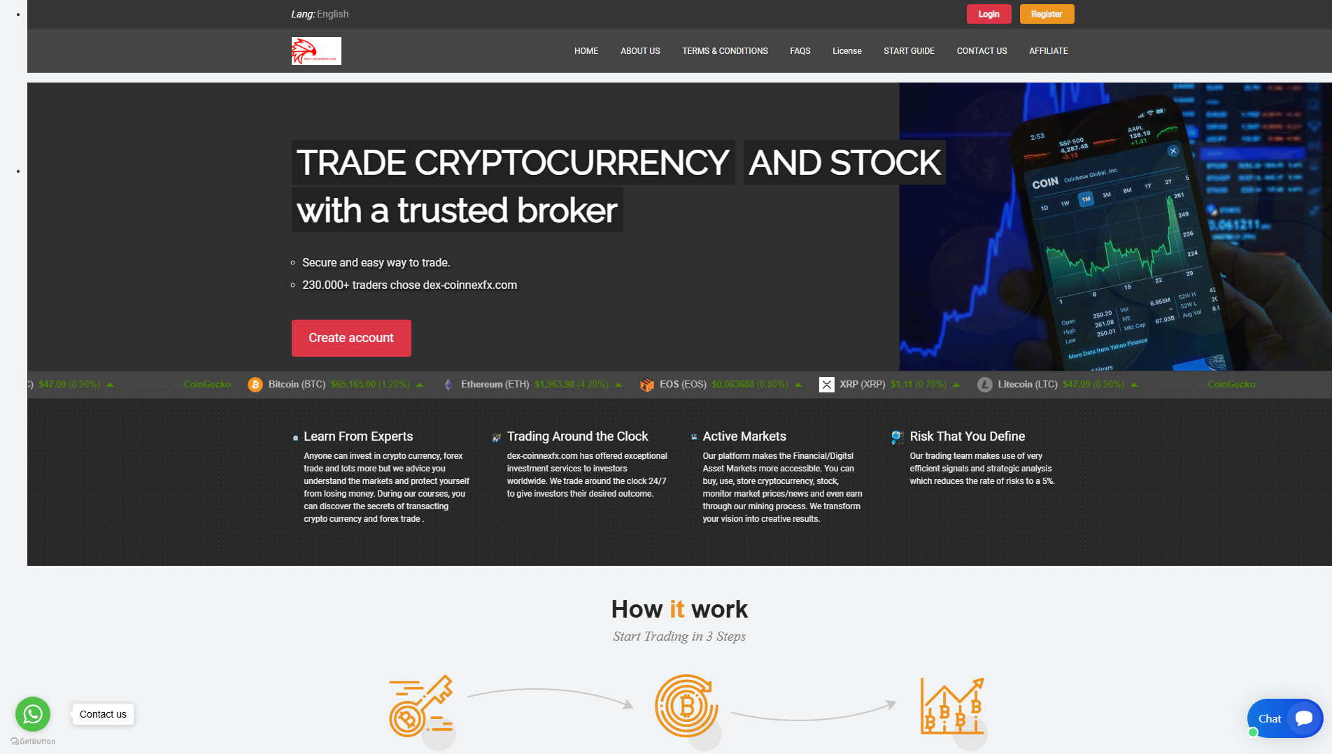 Forensic screenshot of dex-coinnexfx.com showing the phishing page layout