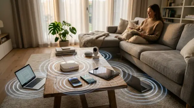 Modern living room with clustered wireless devices emitting subtle radiation waves, person sitting distantly