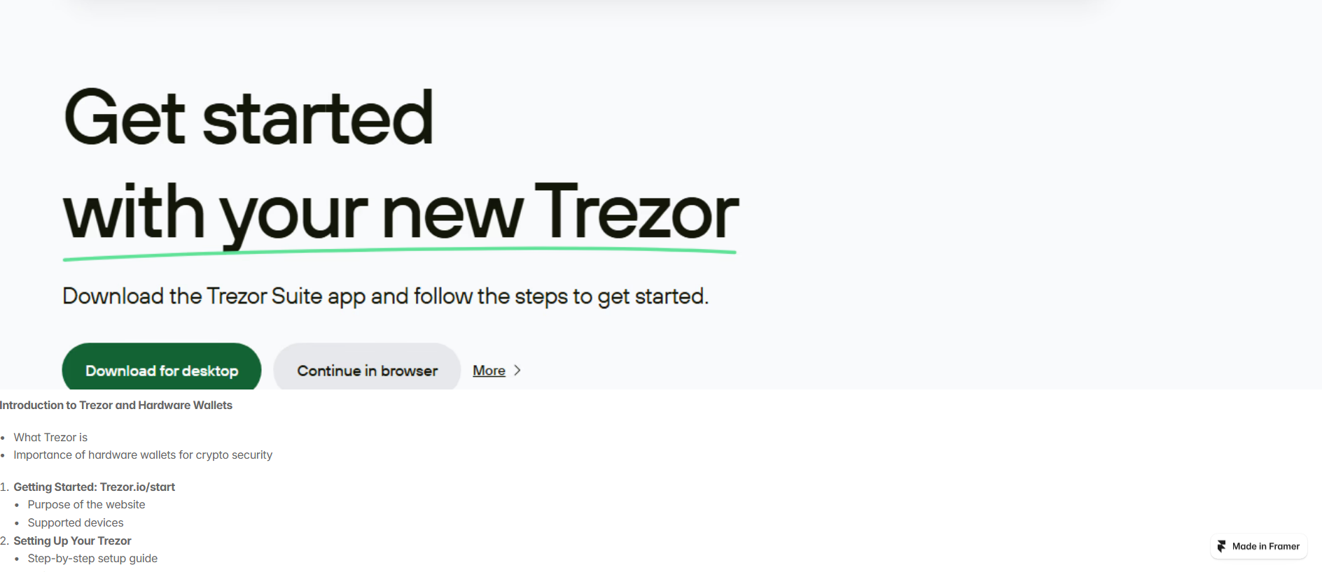 Forensic screenshot of strt-trezrio.framer.ai showing the phishing page layout