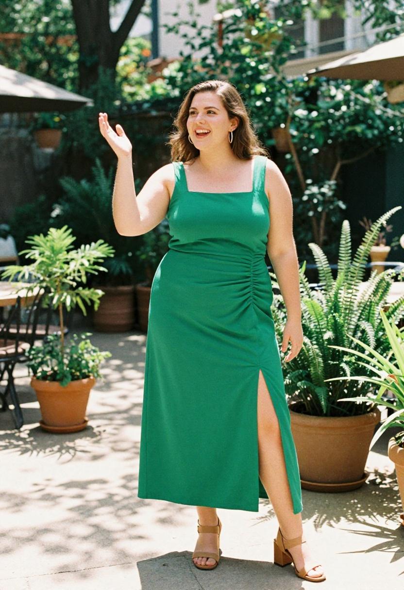 Emerald green ruched maxi dress with square neckline and gold accessories for fall