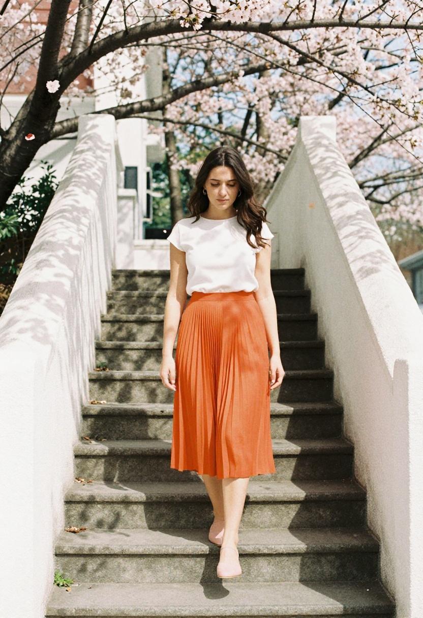 Tangerine pleated midi skirt with white cropped blouse against cherry blossom alley walls