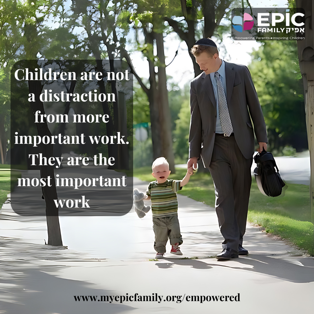 A father holds a small child's hand on a tree-lined pavement beside an EPIC Family parenting quotation.