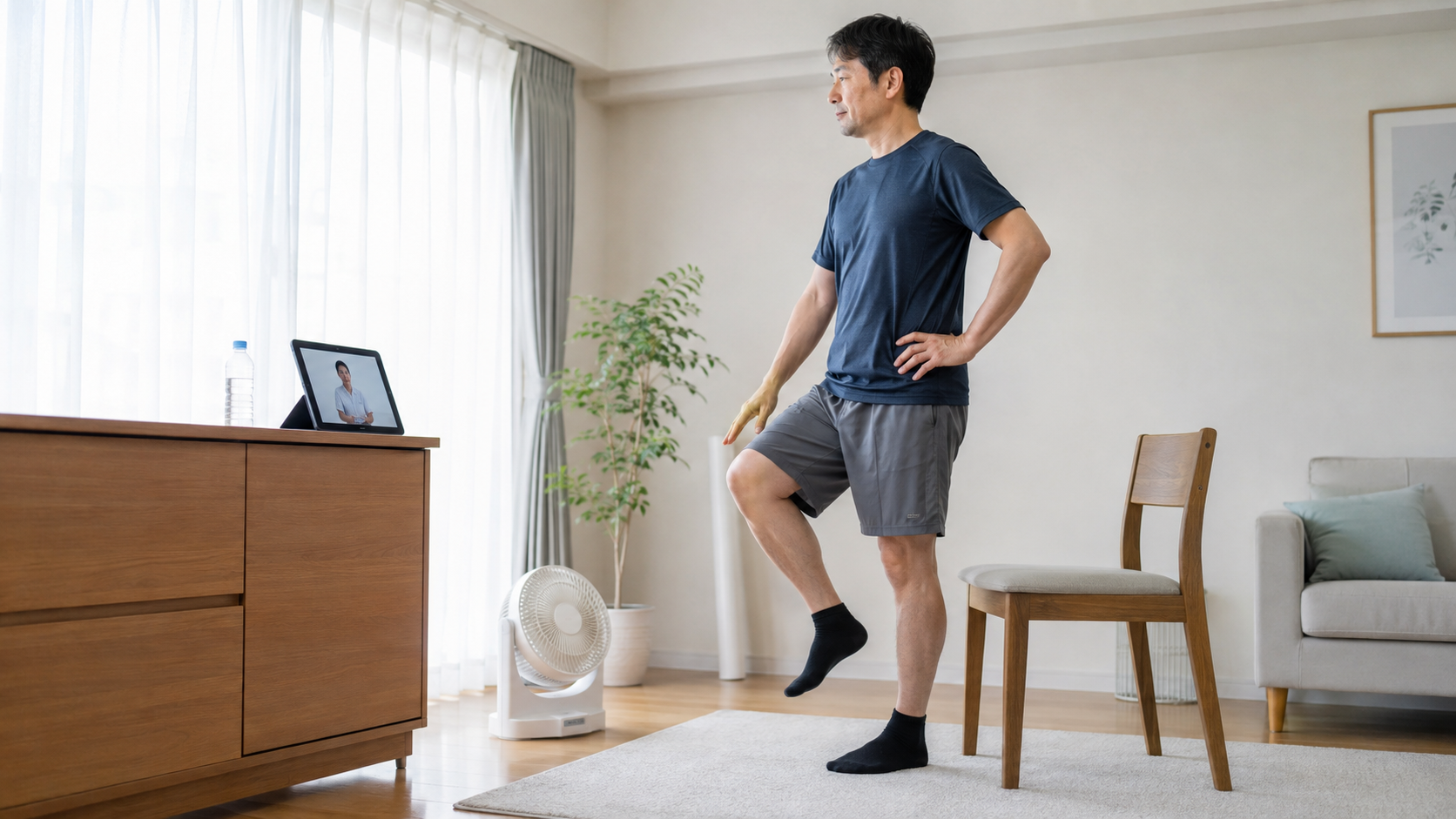 タブレットで療法士とつながり立位バランス練習を行う様子