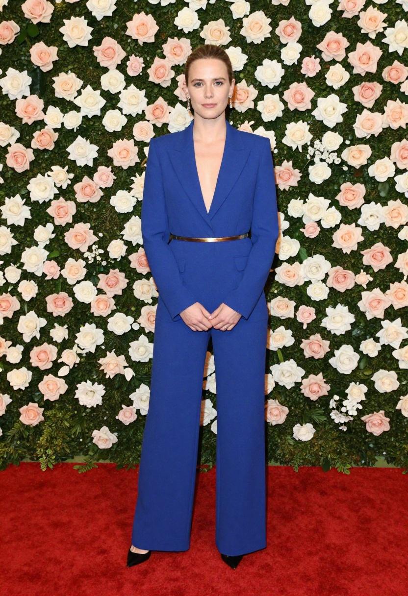 Cobalt blue wide-leg jumpsuit with gold accents for fundraising event