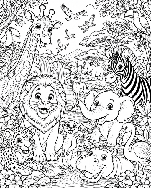 Printable Safari Animal Friends colouring page for kids