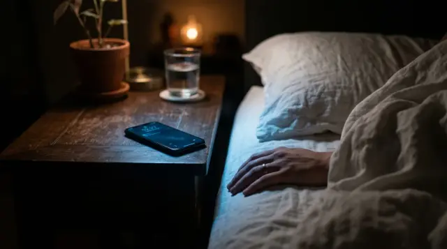 Glowing smartphone on dark nightstand casting blue light over rumpled bedsheets, restless mood