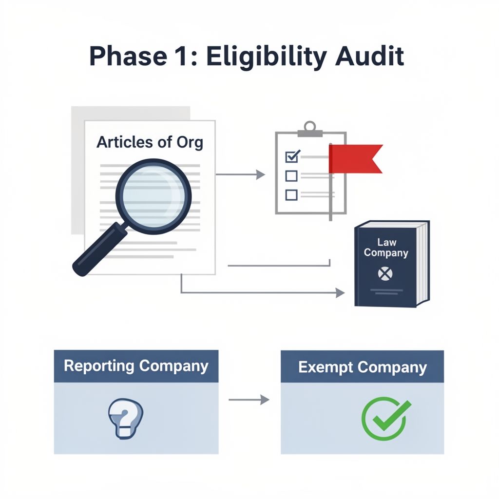 Infographic flowchart for determining Corporate Transparency Act reporting company status