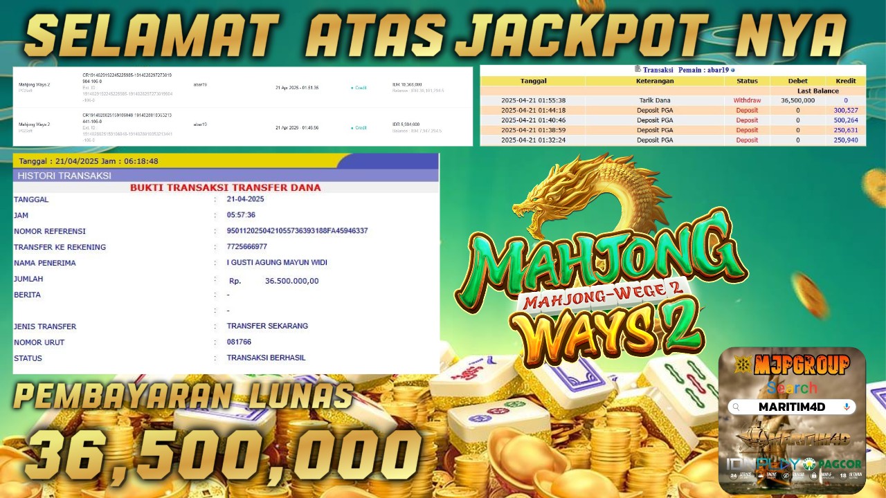 MARITIM4D JACKPOT MAHJONG WAYS 2 Rp.36.500.000.,- LUNAS