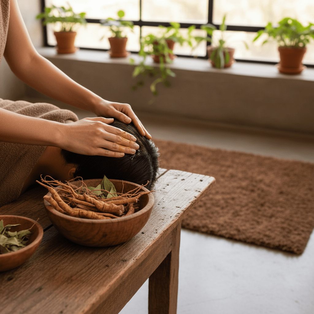 A woman massaging ashwagandha-infused oil into her scalp in a calm spa-like bathroom