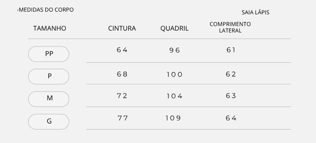Saia Lápis com Fenda Medidas