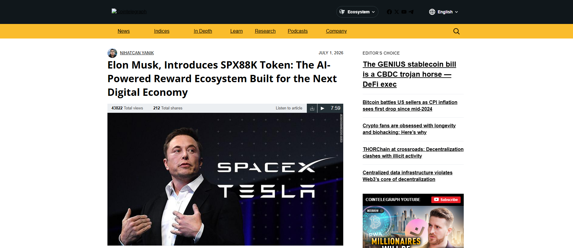 Forensic screenshot of spx88k-cointelegraph.com showing the phishing page layout