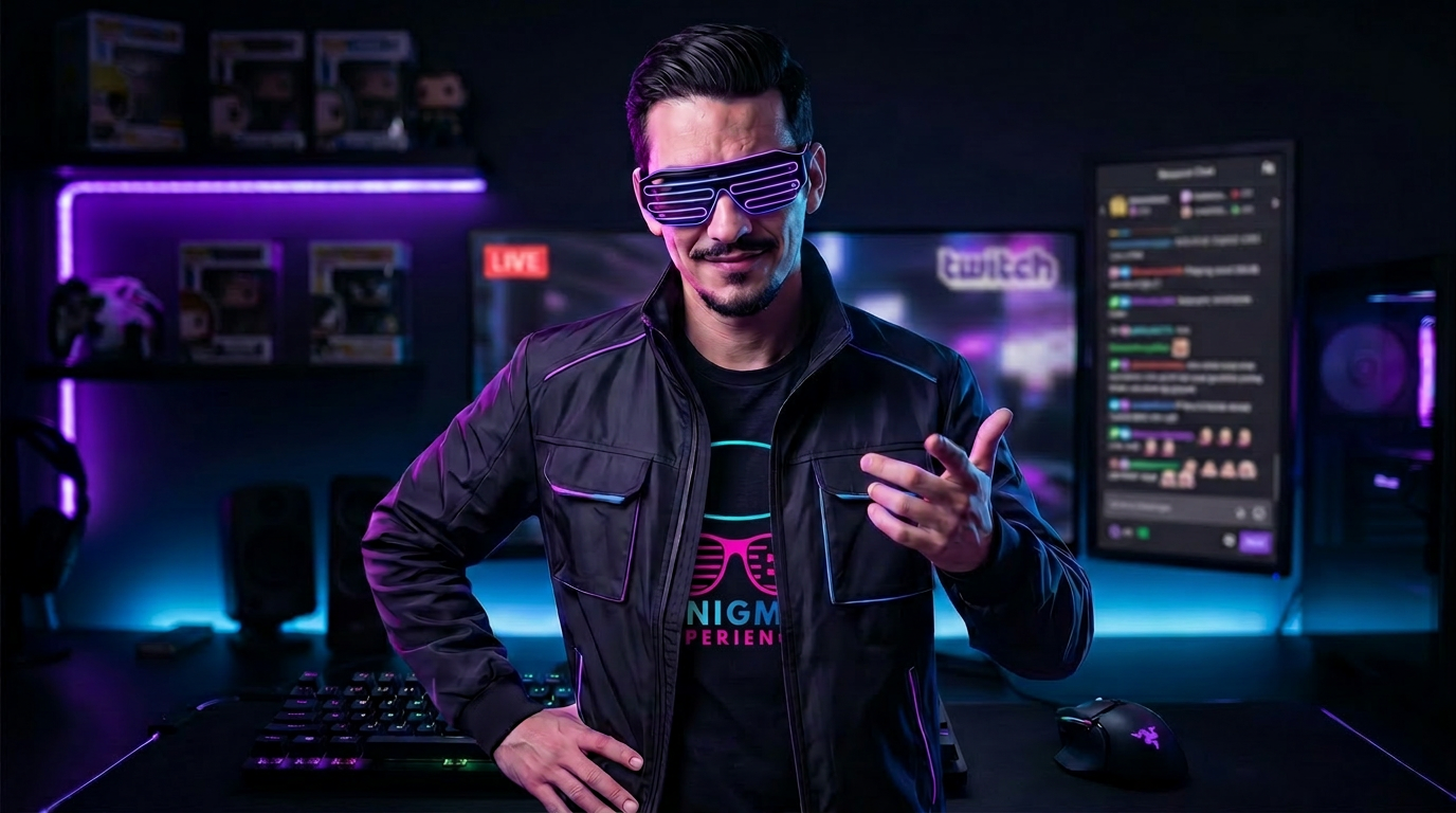 Streamer com logo Enigma Xperience em estúdio Twitch e YouTube