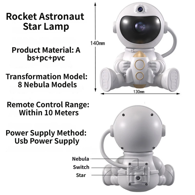 USB Powered Astronaut Nebula Projector & Starry Night Ambient Light with Space Shuttle Accents - 8 Nebula Effects, 360° Rotating Head & Remote Control