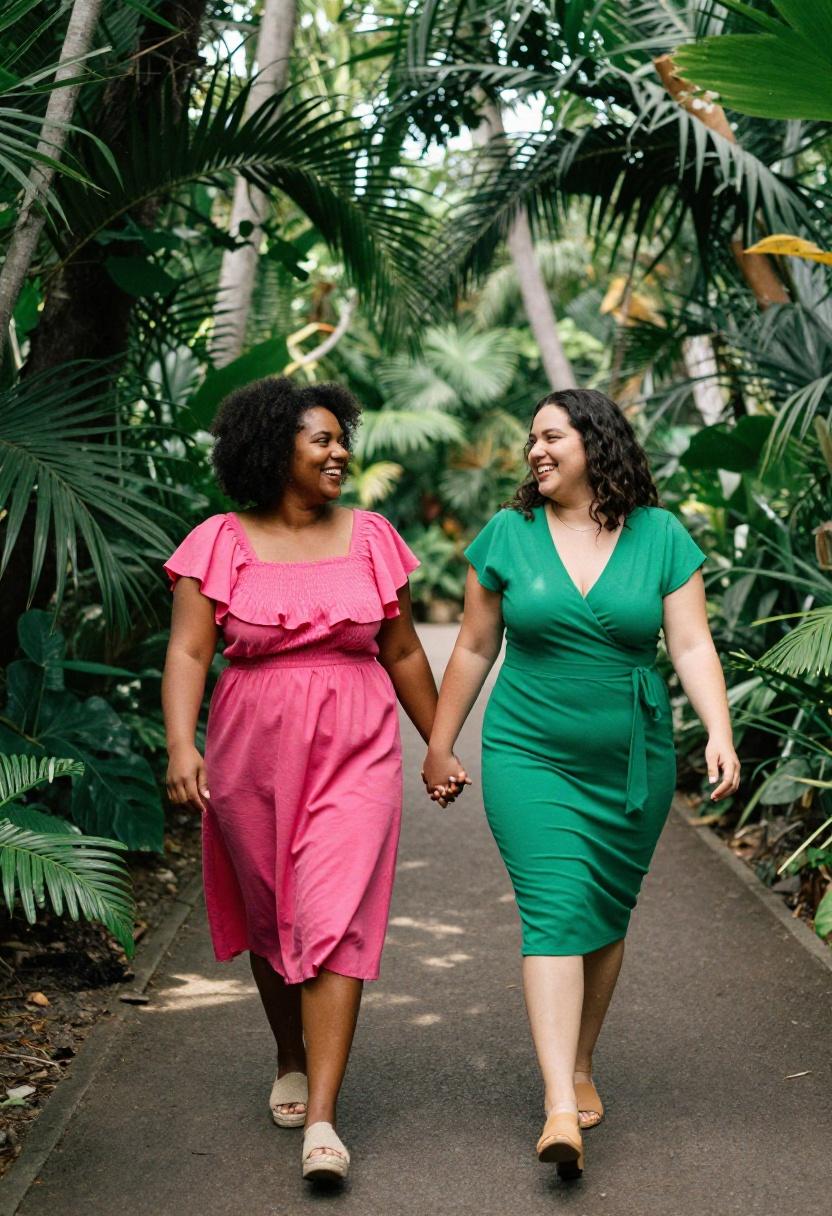 Two curvy women in fuchsia and emerald wrap dresses strolling through a tropical garden