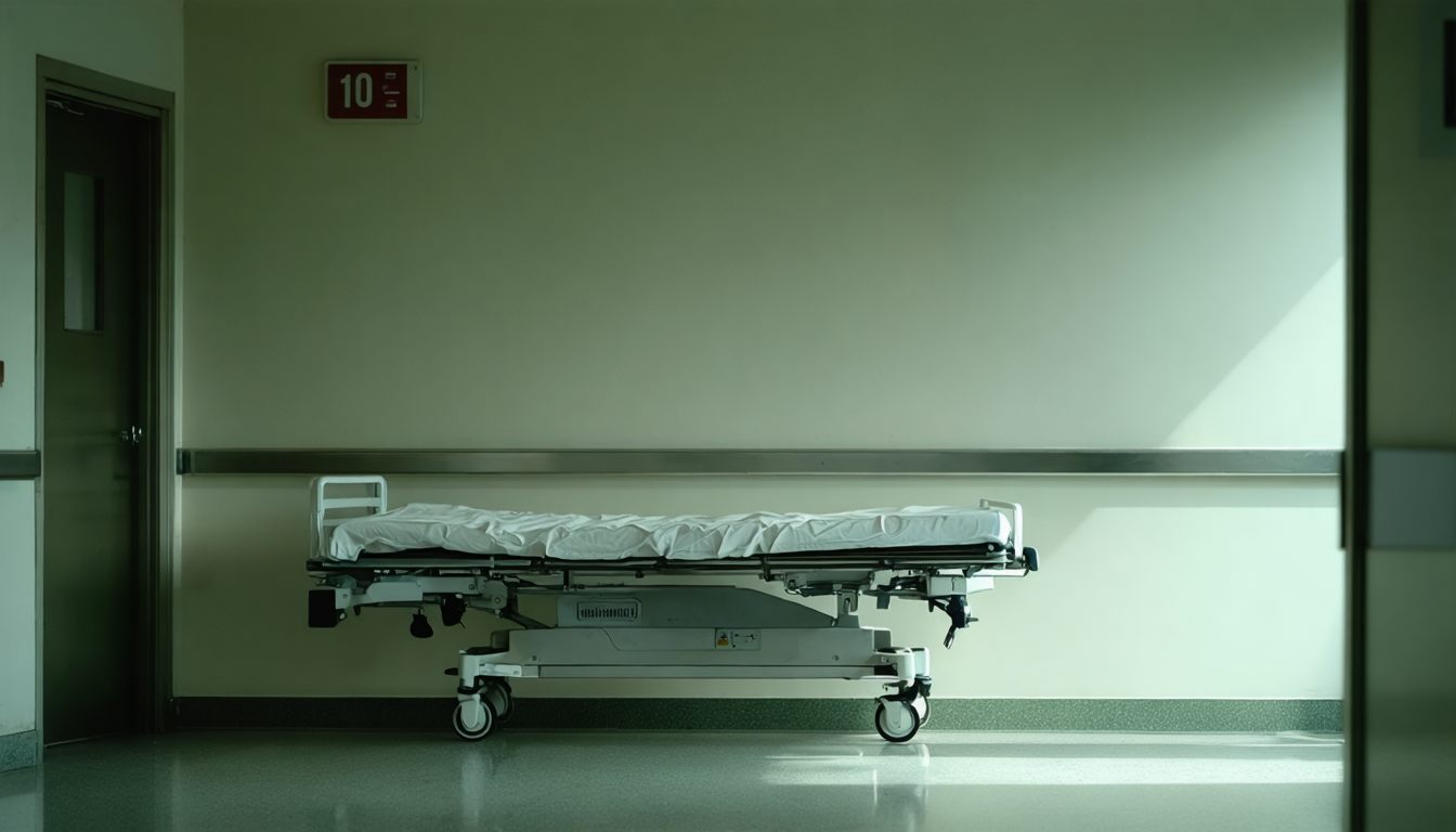 An empty gurney in a pale hospital corridor under thin morning light, quiet and institutional.