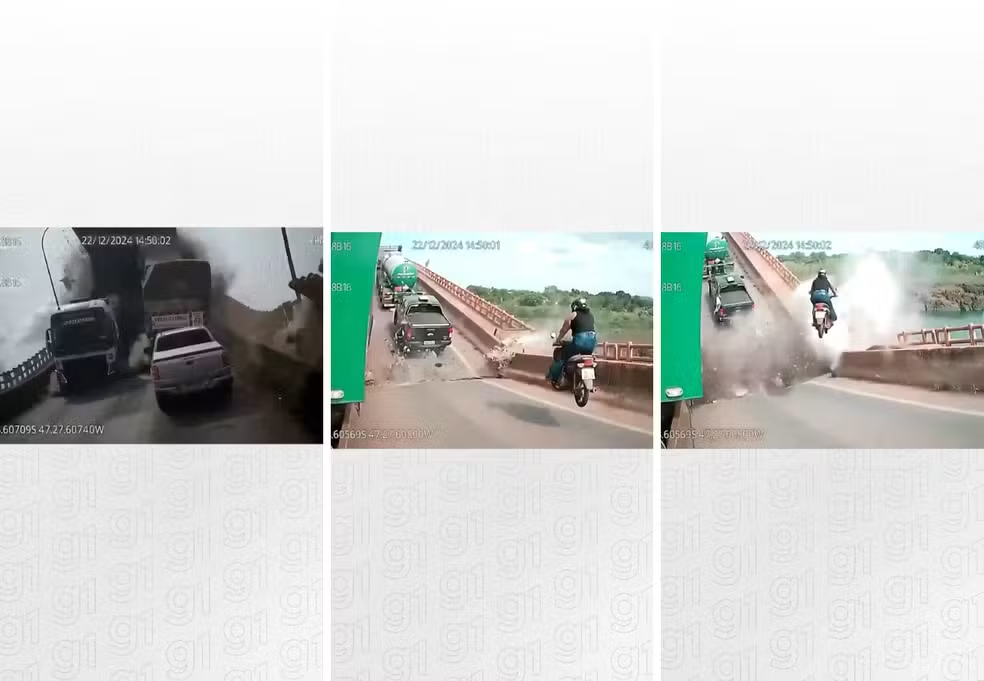 Novas imagens mostram momento em que caminhões e moto são arremessados em desabamento de ponte entre TO e MA