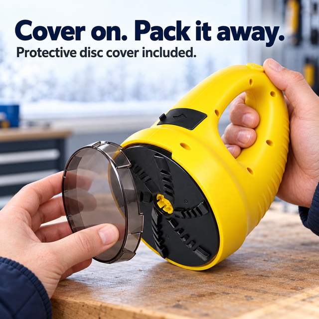 Protective disc cover being fitted to the yellow electric ice scraper