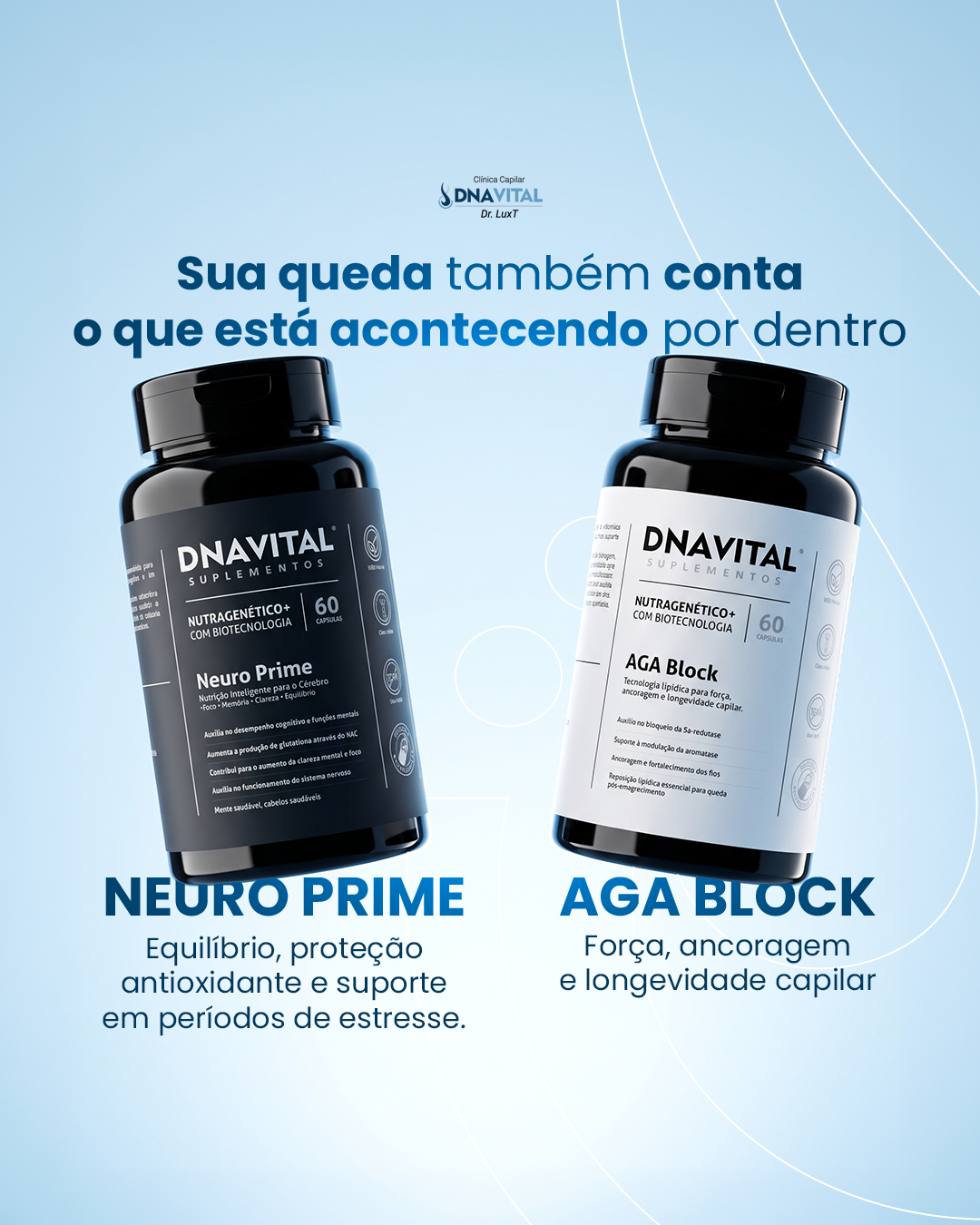 Produtos DNA Vital Neuro Prime e AGA Block na arte de divulgação da marca