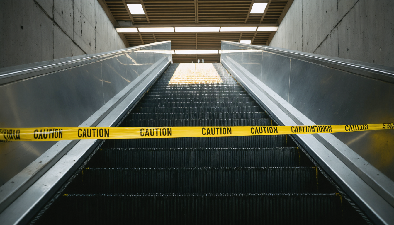A dimly lit escalator in a brutalist concrete subway station, stalled and empty, with yellow caution tape at its base