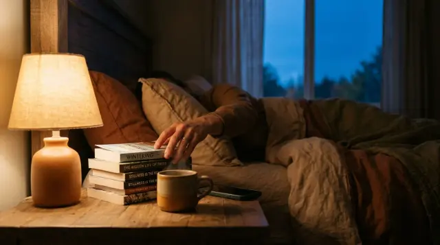 Cozy bedroom nightstand with phone face-down, hand reaching for book, warm lamp glow