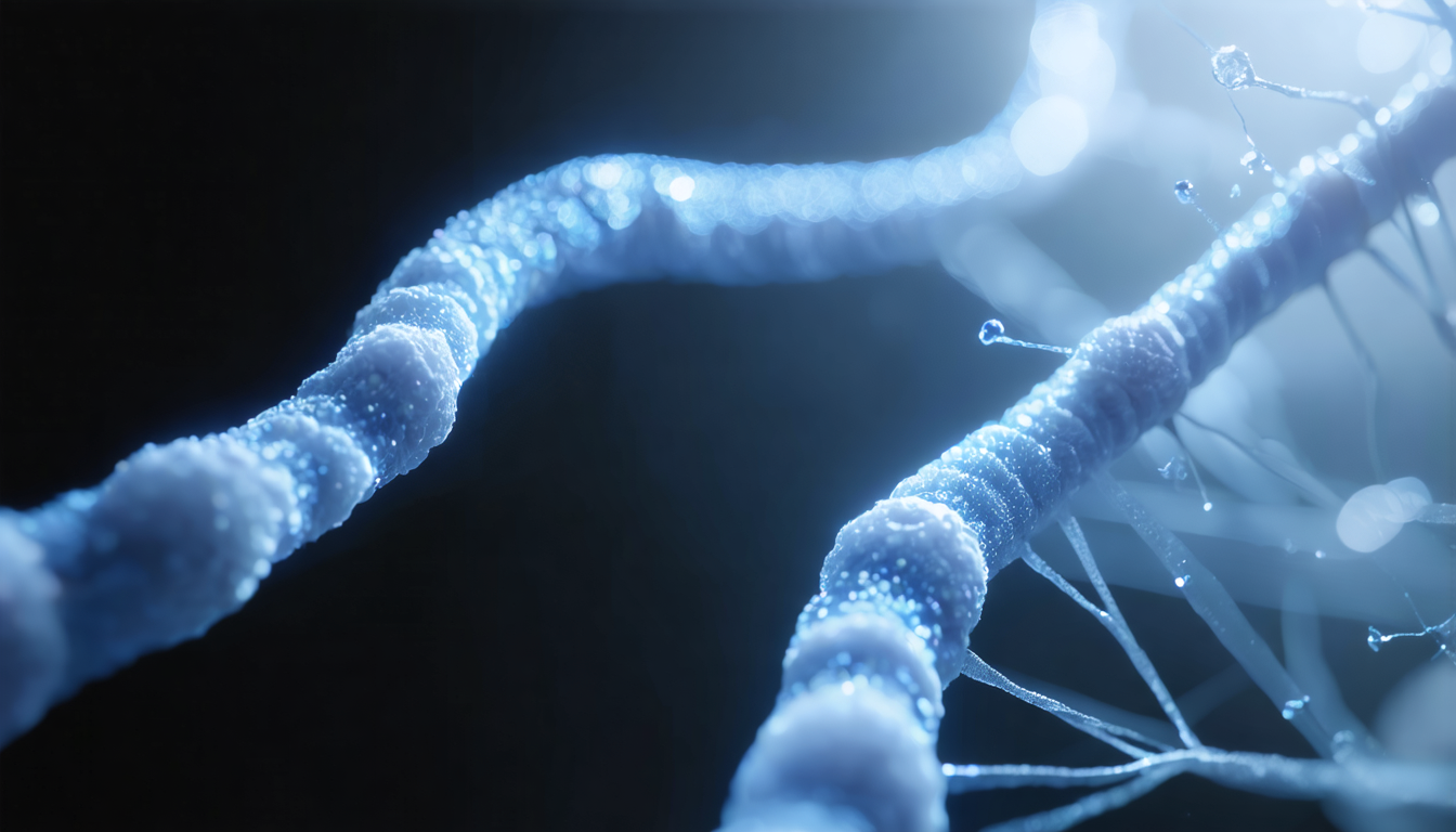 A single strand of genetic material glowing pale against a dark laboratory field, one segment interrupted by a small bright break.
