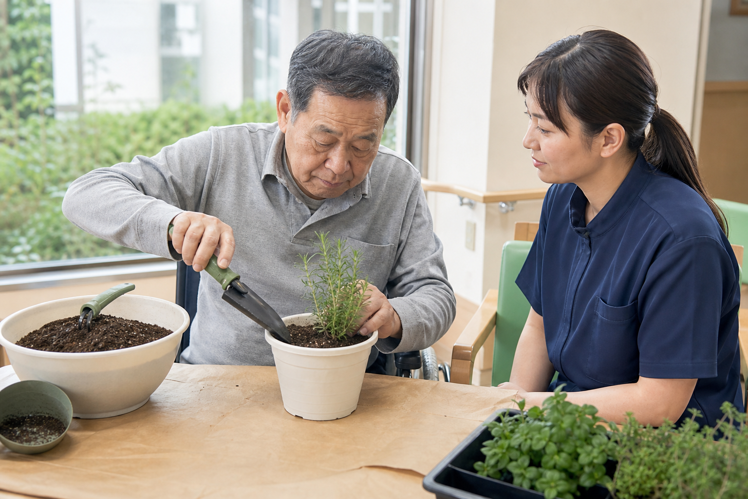 脳卒中後の本人が座って鉢植え作業を行い、作業療法士が安全を見守る場面