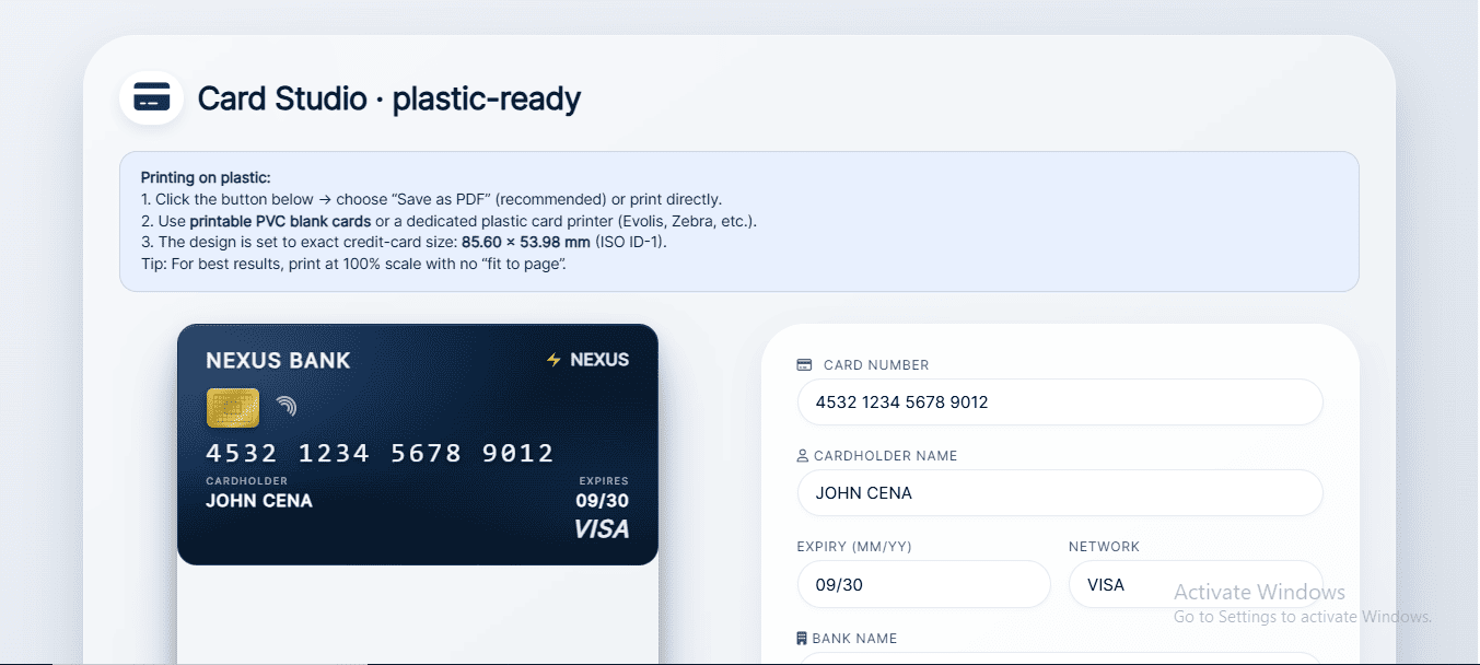 ATM Card Generator/Printable as Plastic