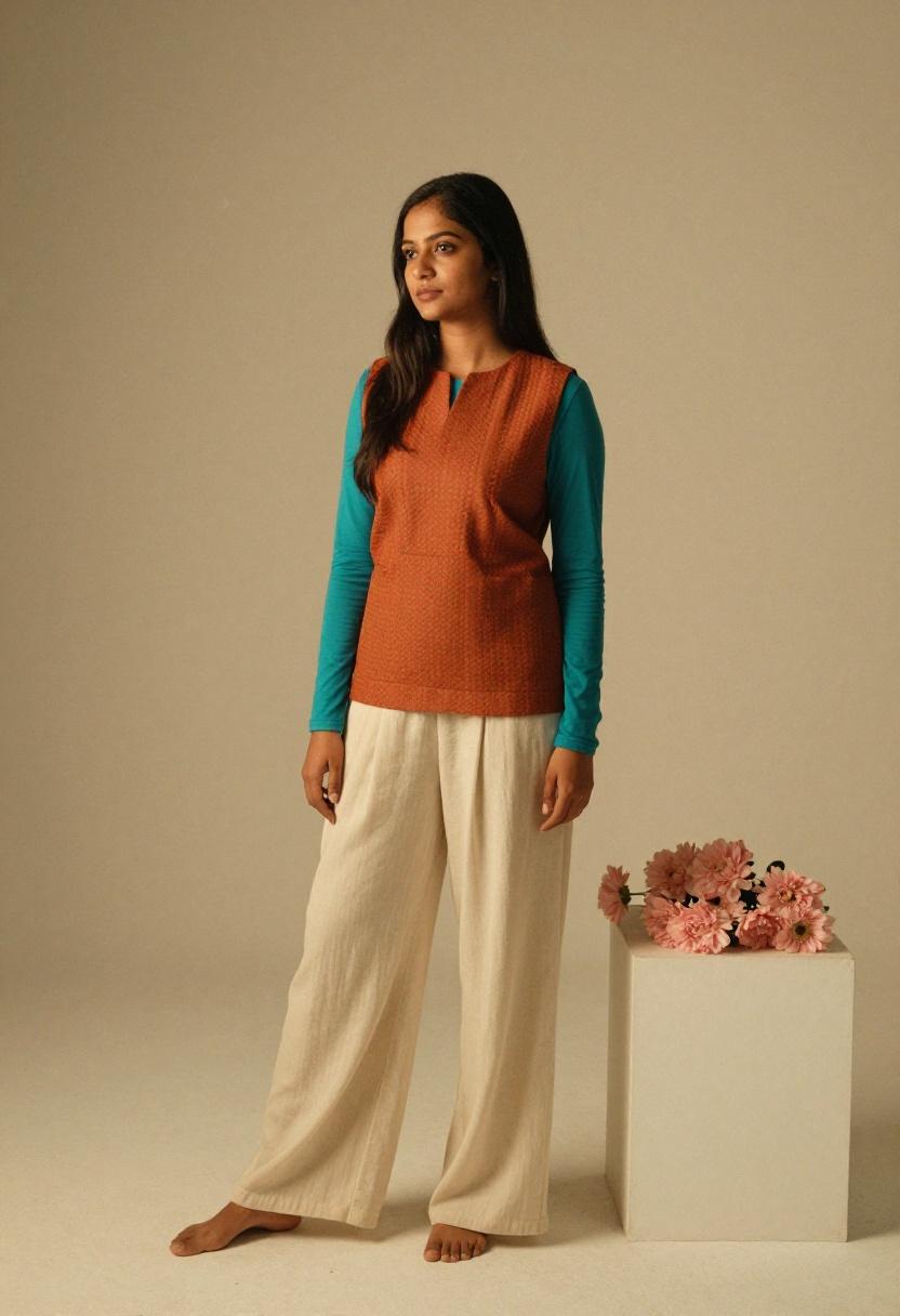 Teal shirt beneath a rust woven vest for color-forward layered professional dressing
