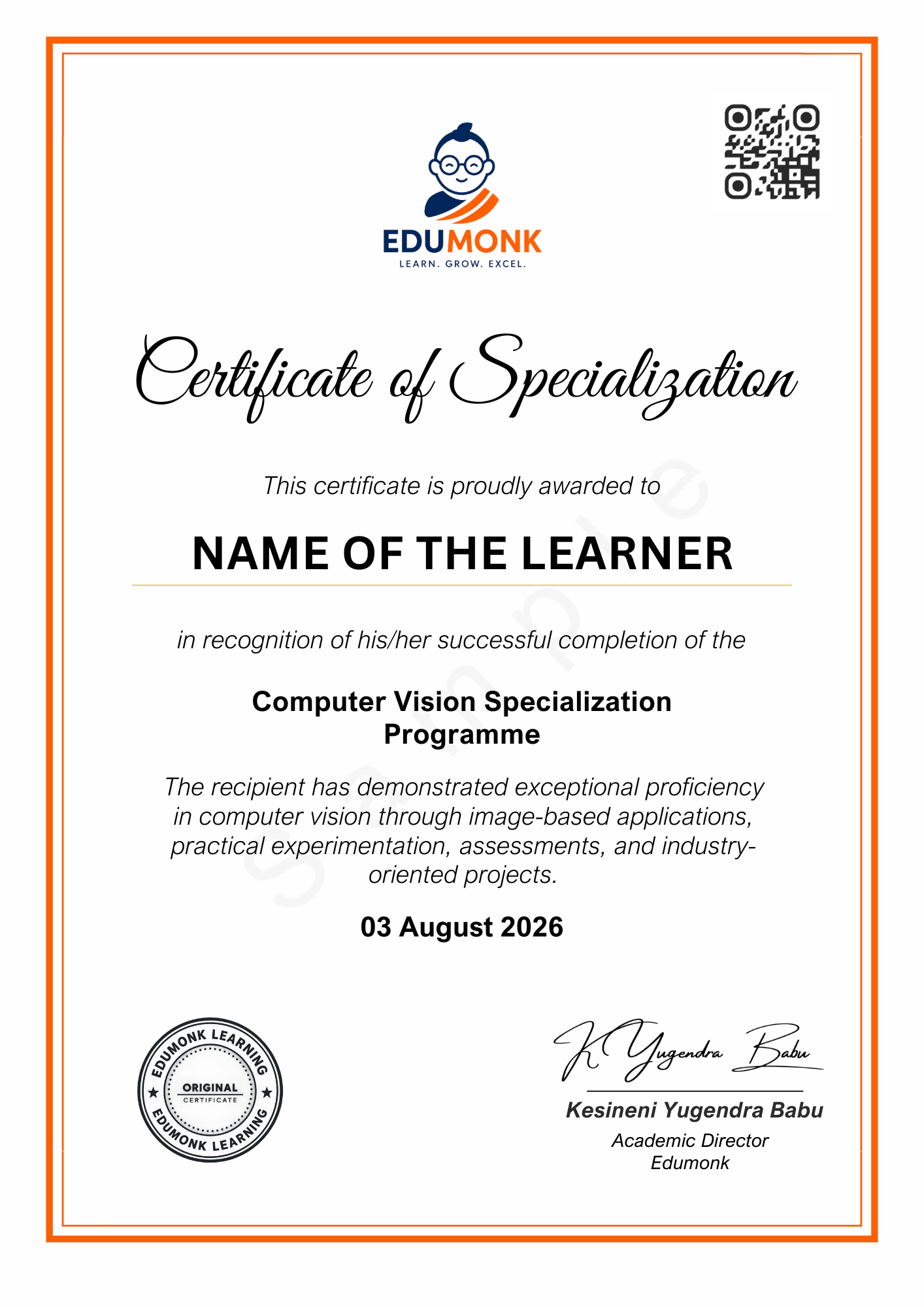 Sample EduMonk Computer Vision Certificate of Specialisation showing the programme credential layout