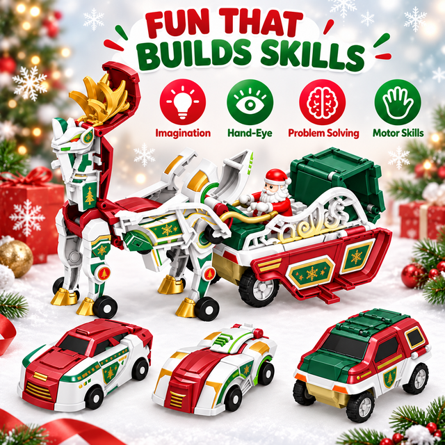 Christmas reindeer transforming toy presented with imaginative hands-on play benefits