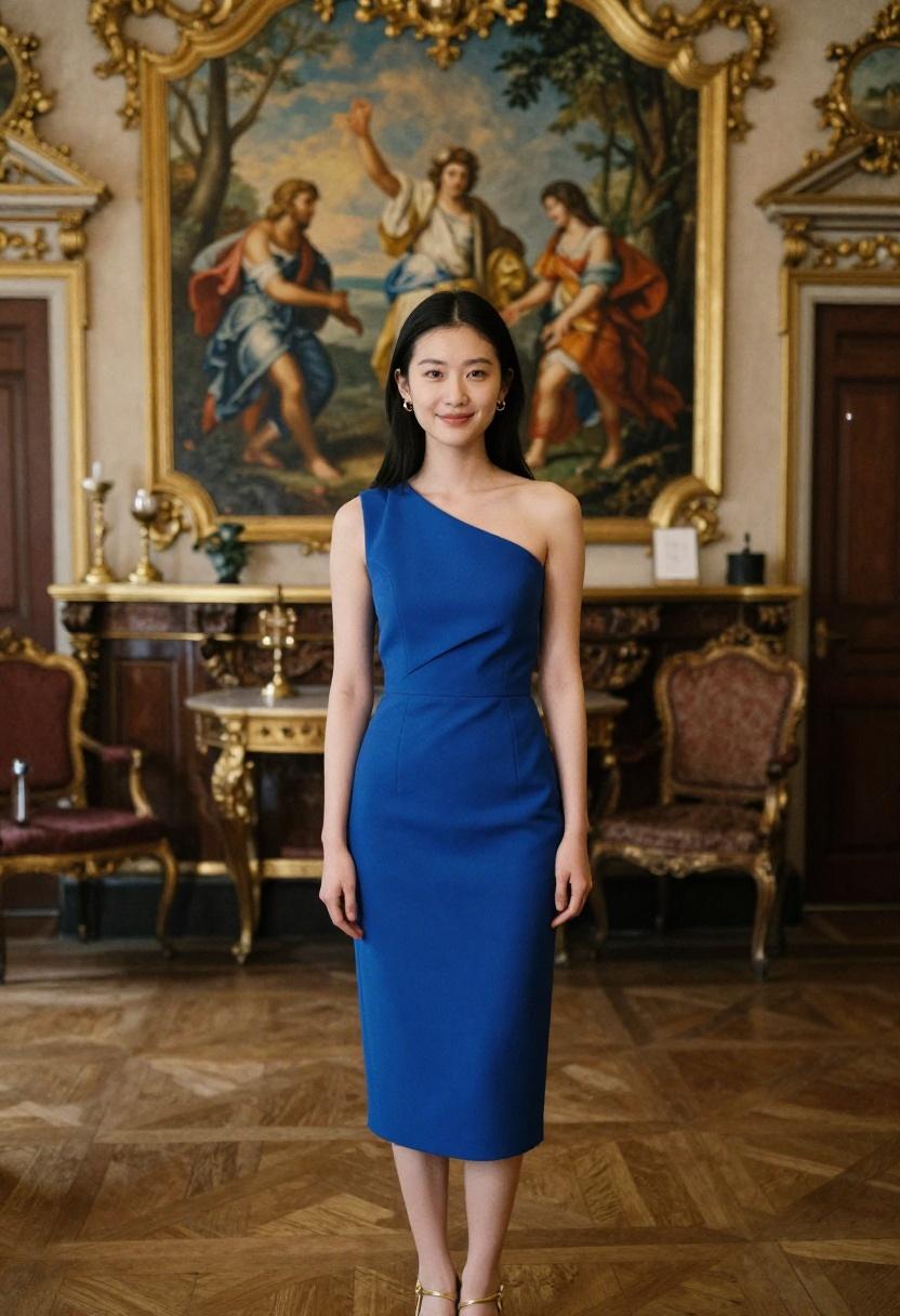 Cobalt blue structured midi dress against gilded baroque gala interior