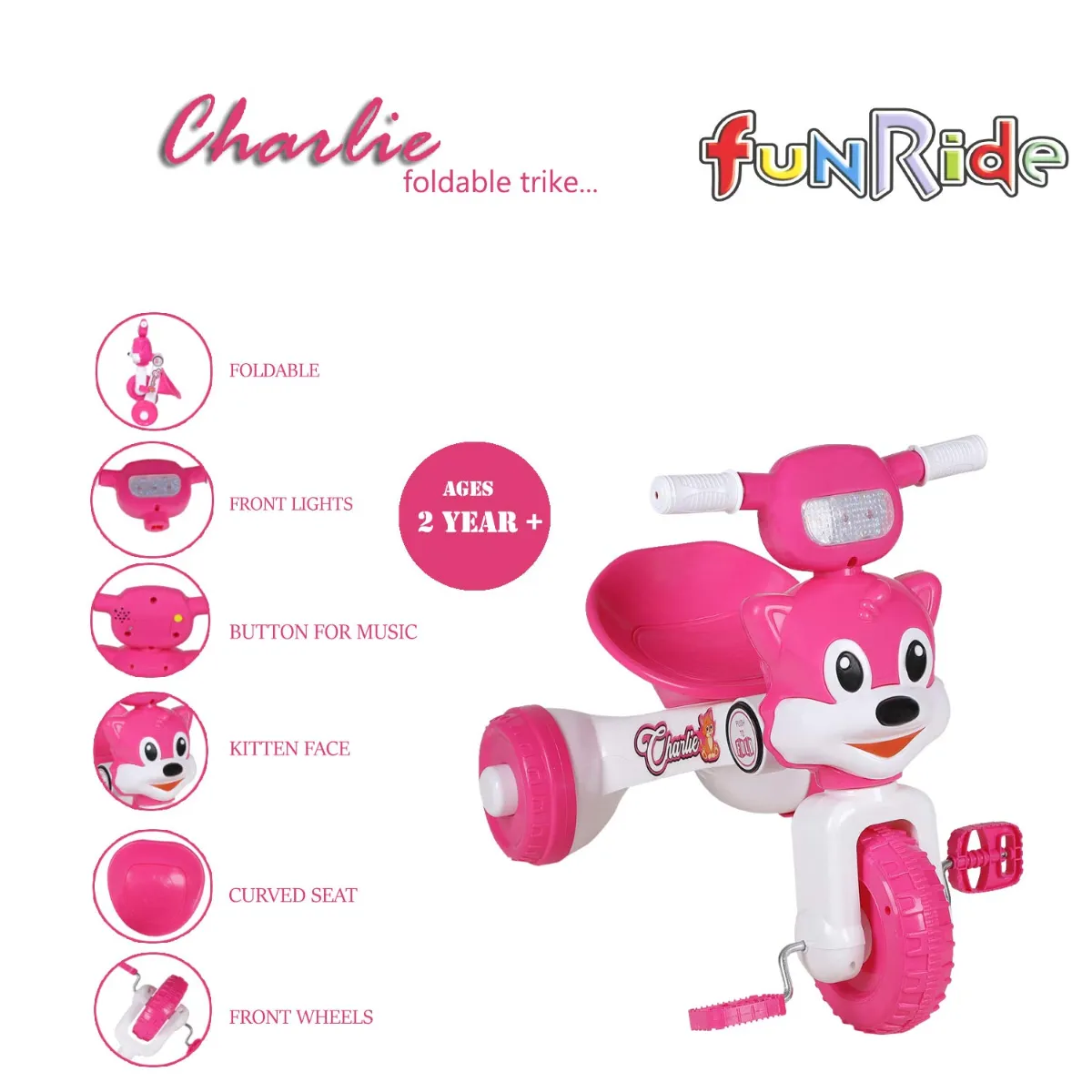 Fun Ride Tricycle For Kids With Music And Lights-Charlie Foldable Baby Tricycles-Trikes For Boys And Girls 18-36 Months-(Weight-Upto 18 Kg)|Pink - ToyMall Manjeri