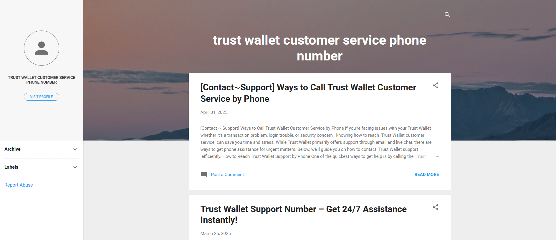 Forensic screenshot of trustwalletcustomerservicephonenumber.blogspot.ba showing the phishing page layout