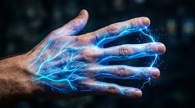 Human hand with glowing blue nerve pathways and electric sparks between fingertips, dramatic lighting