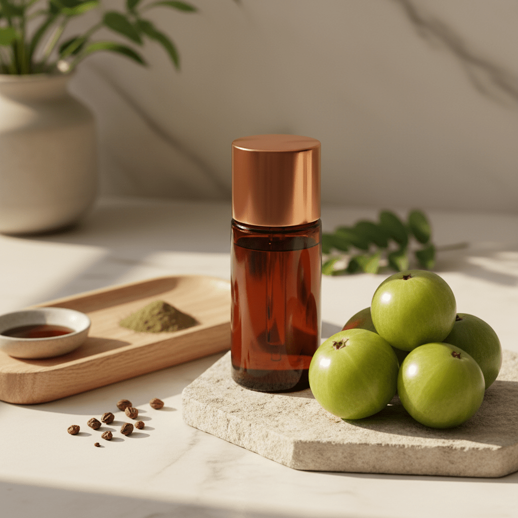 A hand applying a few drops of facial oil to damp skin
