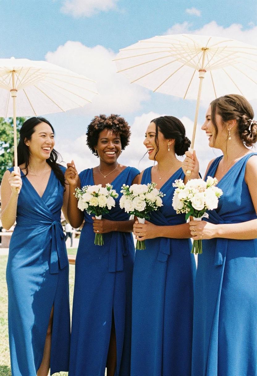 Bridesmaids in coordinated cobalt blue dresses with parasols and bouquets celebrating at a wedding