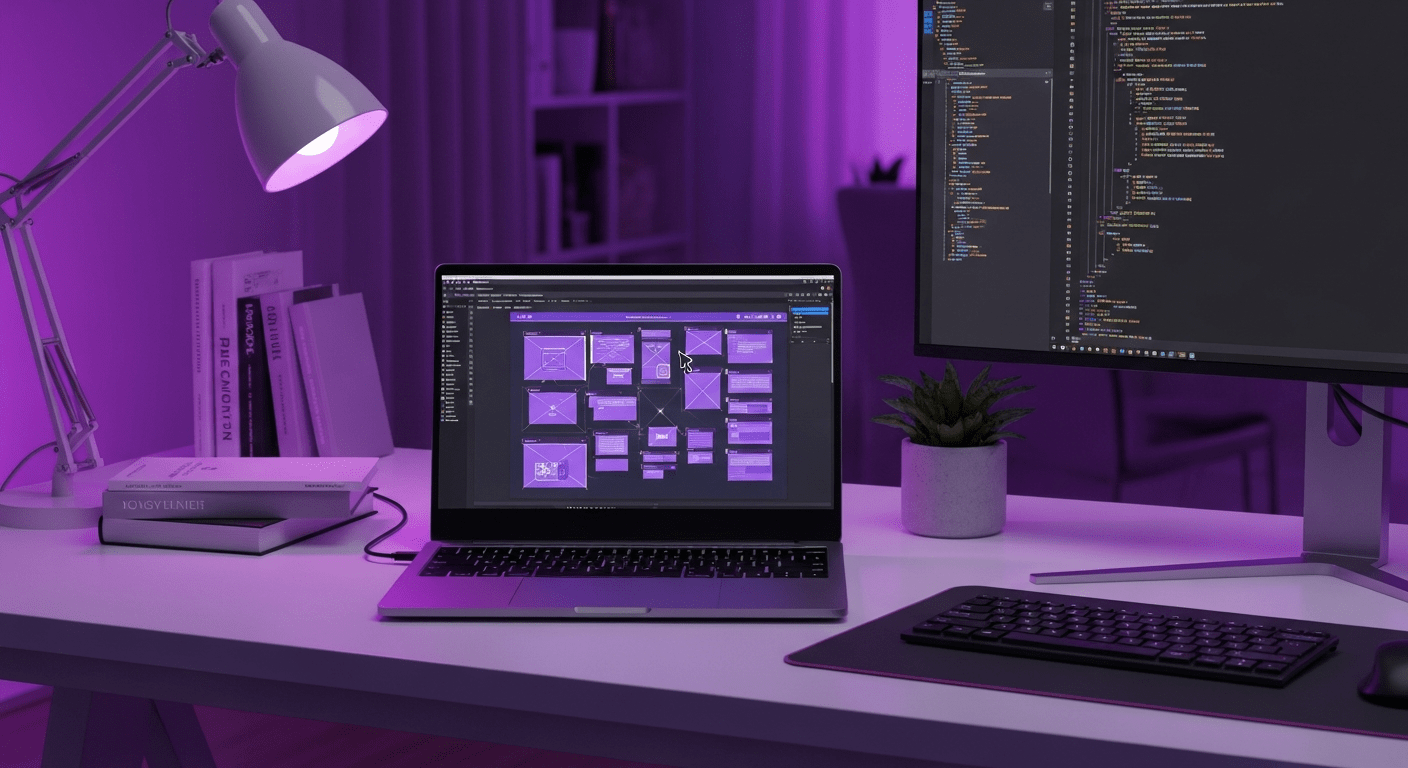 Photorealistic workspace with a laptop screen showing a website wireframe construction.