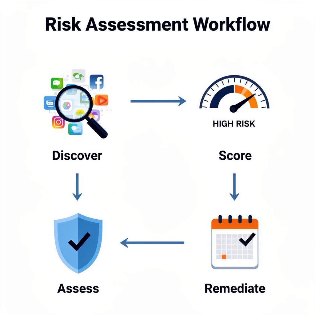 Infographic of the 4-step SaaS risk assessment workflow: Discover, Assess, Score, Remediate.