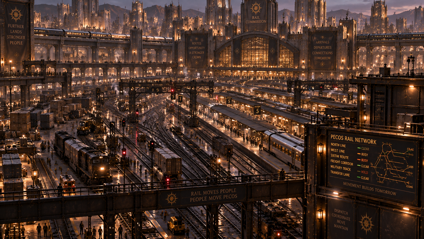 Elevated view across Railheart's active platforms, switching lanes, trains and signal infrastructure.