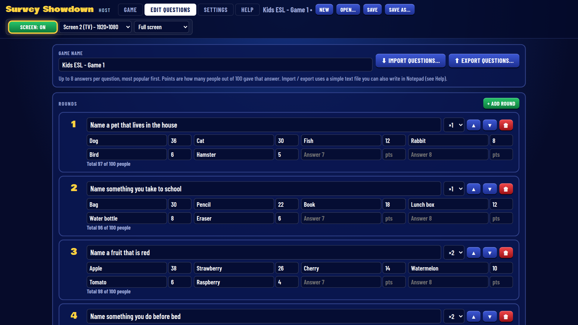 Survey Showdown – Host screen – edit questions