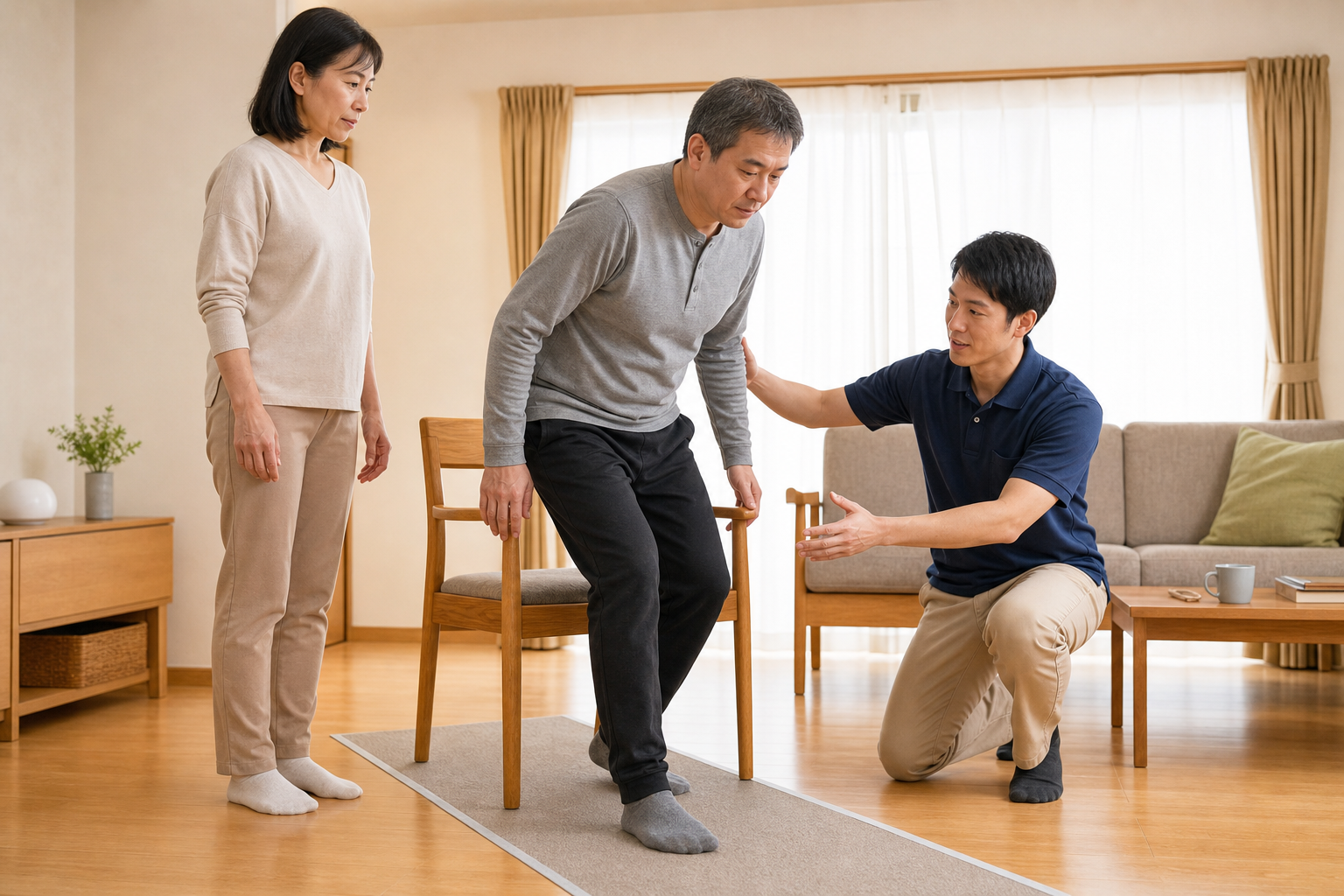 ハンチントン病の方が家族と専門職の見守りのもとで立ち上がりと歩行を練習する場面
