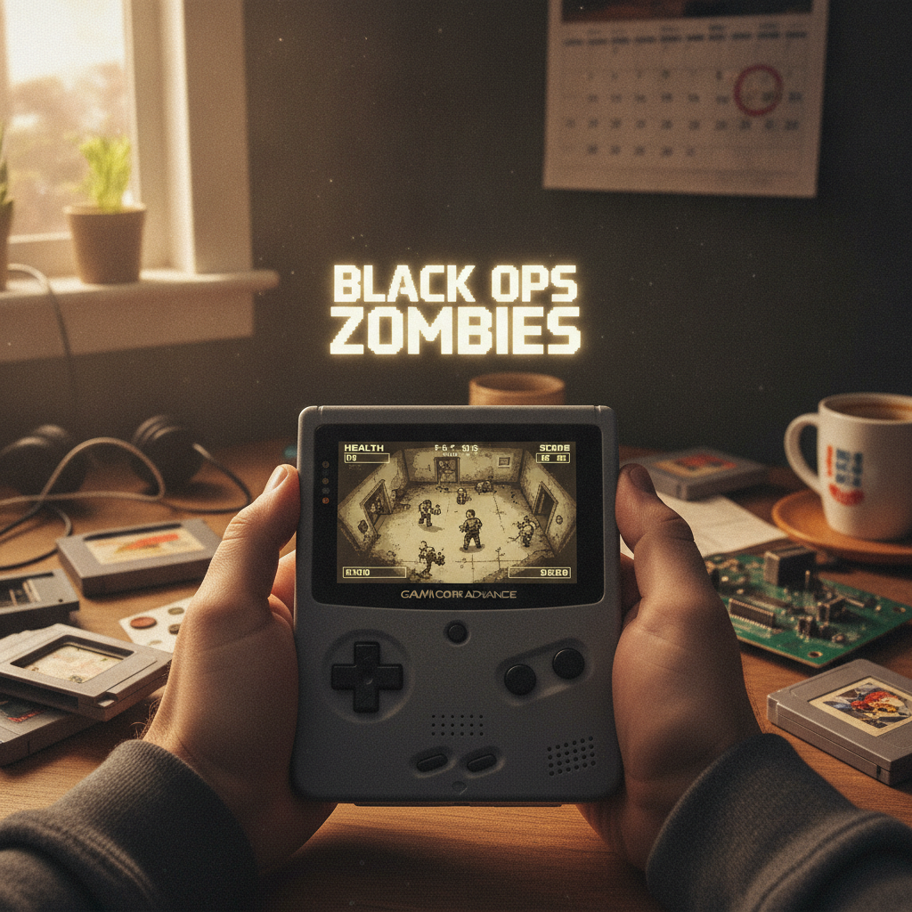 A retro-style image showing zombies from Call of Duty: Black Ops Zombies on a handheld gaming device screen.