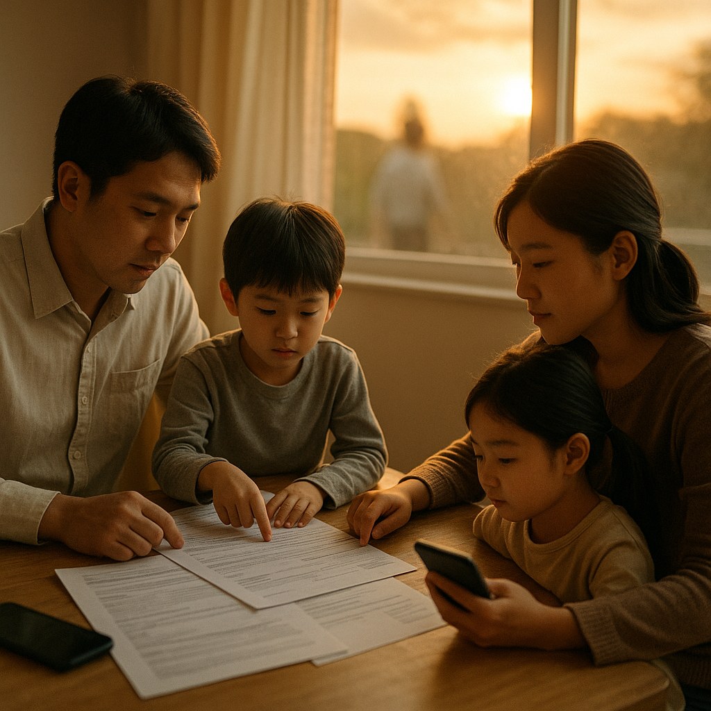 korean family reviewing housing documents at home