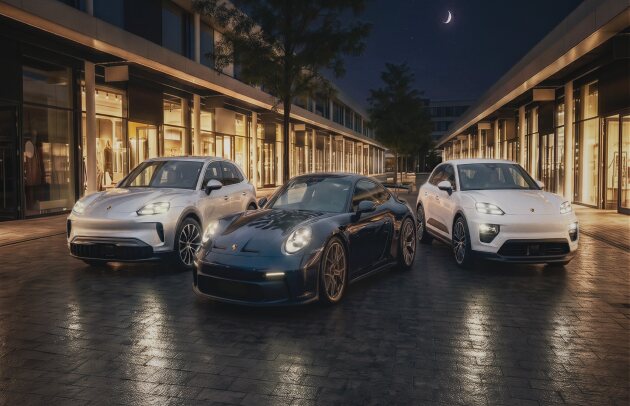 Cayenne E-Hybrid, Macan und 911 nachts im Outlet Montabaur