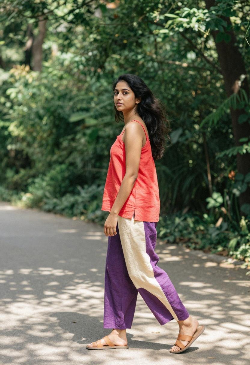 Coral violet and ivory colorblock linen set on garden path