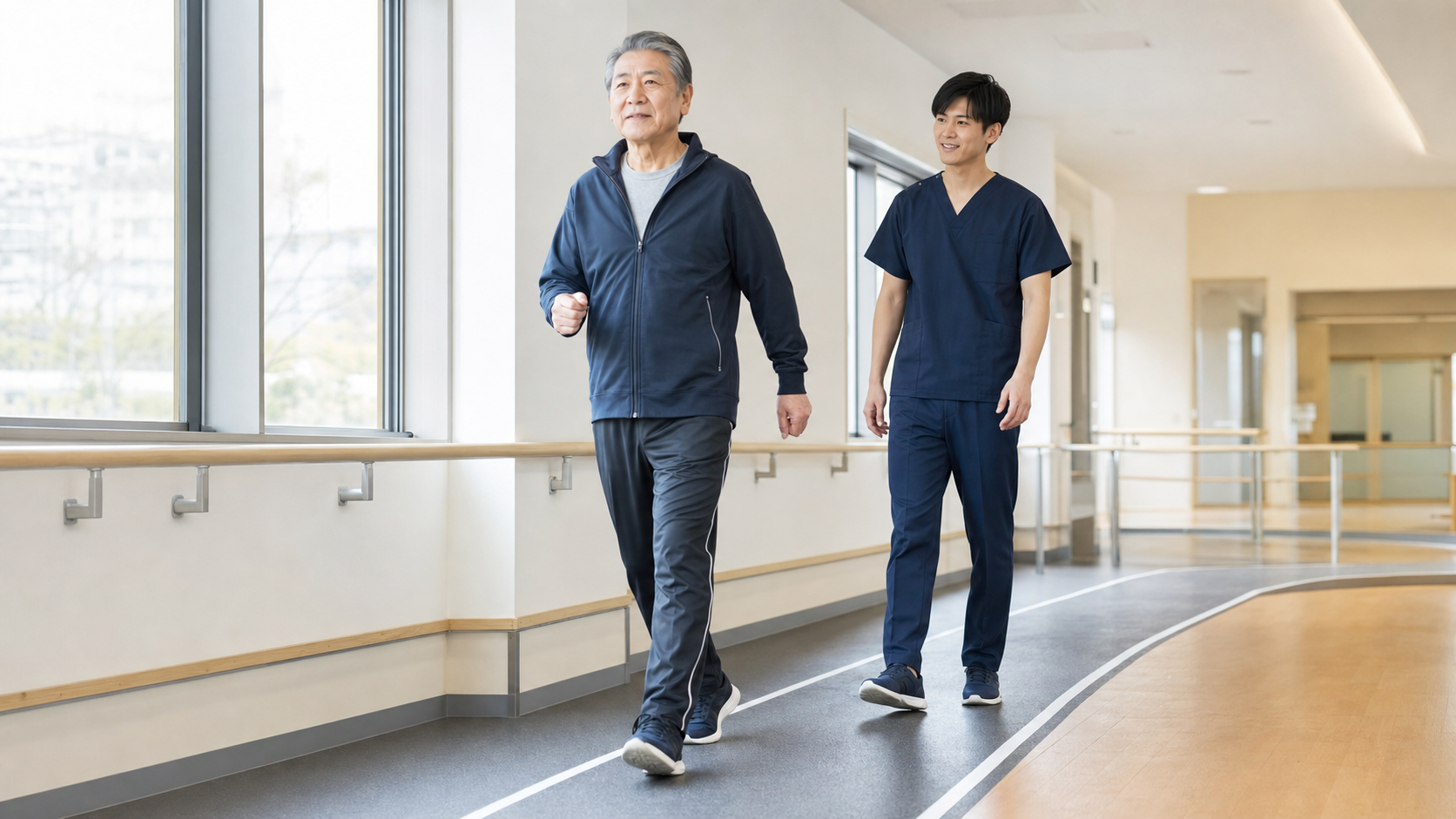 パーキンソン病の方が専門職の見守りで安全に有酸素運動として歩く様子