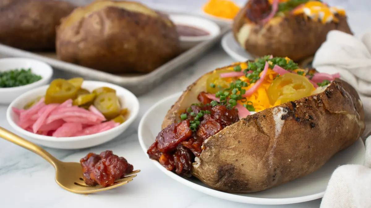 Smoky Pork Belly Baked Potatoes